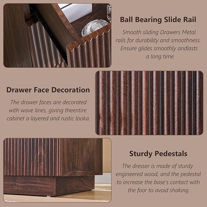 Fluted Dresser for Bedroom, 5 Drawer Dressers, Wood Tall Dresser Storage Organizer, Chest of Drawers with Deep Storage, Modern Bedroom Chest for Closet Hallway, Entryway, Living Room,Brown