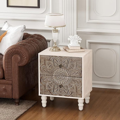 COSIEST Vintage Nightstand, 18" Wide Wood Small Bed Side Table with 2 Drawers, Accent Bedside Table, Bedroom Furniture for Home, Office (Lotus Pattern)