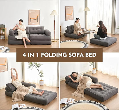 Plus Futon Sofa Bed for Small Spaces, Floor Couch with Armrest, Folding Sofa Couch, Convertible Sleeper Chair Bed with Pillow, Portable Comfy Floor Lounge for Living Room and Bedroom, Grey