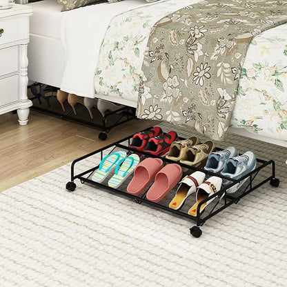Under Bed Shoe Storage Organizer, Metal Mesh Under Bed Storage Containers with Wheels, Shoe Organizer Drawer Space Saving for Bedroom, 1 Pack