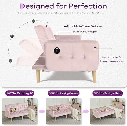 TYBOATLE 65" W Velvet Modern Convertible Folding Futon Couch Sofa Bed w/ 2 USB Charging Ports and arms, Loveseat for Compact Living Space, Dorm, Game Studio, Bonus Room, Apartment, Bedroom (Pink)