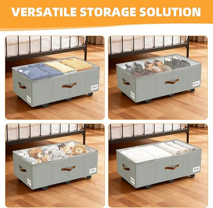 11 inch Under Bed Storage with Wheels, 2-Pack Underbed Storage Containers for College Dorms Bedrooms Organization, Foldable Under Bed Drawers for Comforters, Blankets, Clothes & Shoes, Grey
