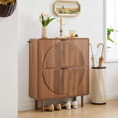Turtle&Myrtle Modern Shoe Storage Cabinet for Entryway, Narrow Shoe Organizer Cabinet, 2-Tier Flip Down Drawers, Small Freestanding Hidden Wood Slim Shoe Rack,Round Fluted Pattern (Walnut)