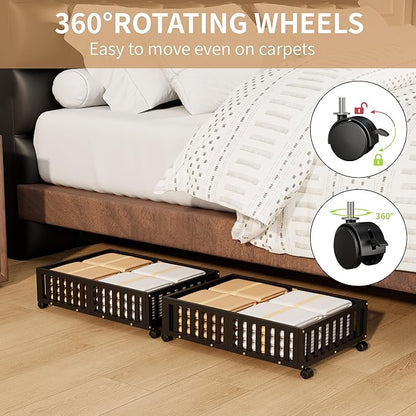Bamboo Under Bed Storage with Wheels,Rolling Underbed Shoe Organizer Box for Shoes,Blankets,Toys,Clothes Container Space-Saving Bins for Bedroom,Closet,Dorm,Nursery
