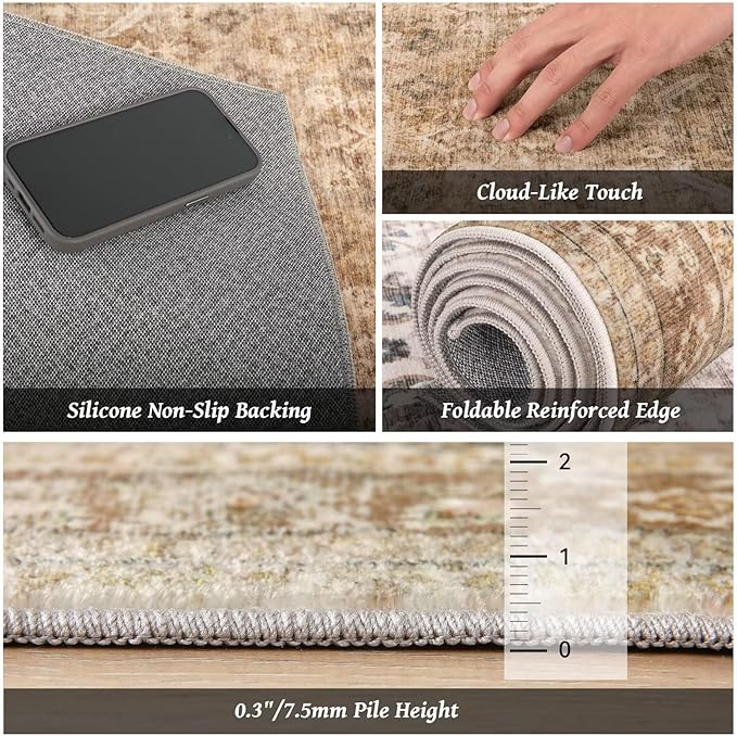 Washable 10x14 Area Rugs for Living Room, Boho Non-Slip Vintage Distress Large Rugs for Bedroom Dining Room Office, 0.3" Neutral Oriental Throw Thin Carpet, Brown/White/Multi