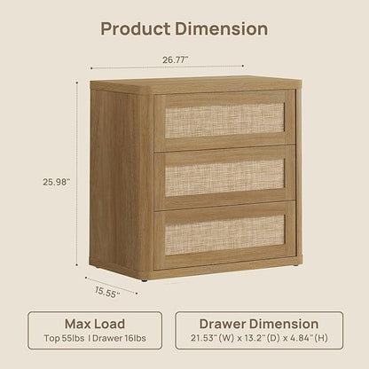 SICOTAS Rattan Night Stand Set 2, 26.8" Wide Oversized Nightstand with 3 Large Drawers, Push-Close & Kid-Safe Curved Edges, Boho Bedside Table End Table for Bedroom Sofa Side Home Office, Amber Oak