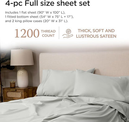 Threadmill Luxury Supima Cotton Sheets, Luxury 1200 Thread Count Soft 100% Cotton Sheets for Full Size Bed, 4 Pc Light Grey Bed Sheets Full Set, 5-Star Hotel Quality Deep Pocket Bed Sheets Set
