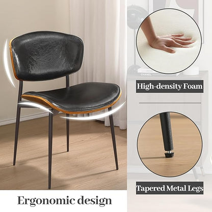 Art Leon Dining Chairs Set of 4, Walnut Bentwood, Mid Century Modern Dining Room Chairs, Faux Leather Upholstered Desk Chair with Black Metal Legs, Black