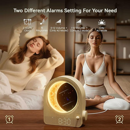 Sunrise Alarm Clocks for Bedrooms, Stepless Dimmable Moon Lamp Dual Alarm Clock with 12Levels Volume for Heavy Sleepers, 10 Natural Sounds with 30/60/90mins Timer, Gifts for Women