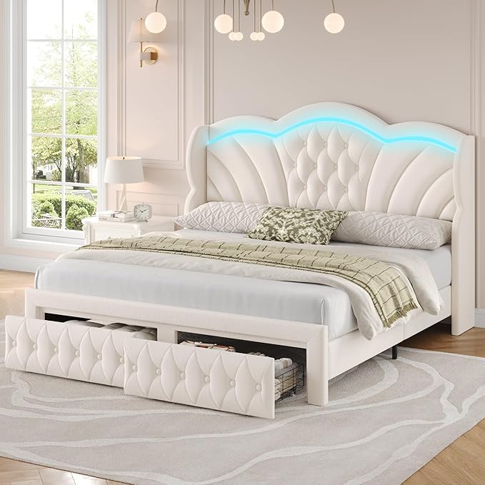 Keyluv Queen Bed Frame with LED Lights and 2 Storage Drawers, Velvet Upholstered Platform with 47" Tall Arc-Shaped Wingback Headboard and Button Tufted Design, No Box Spring Needed, Noise-Free, Beige