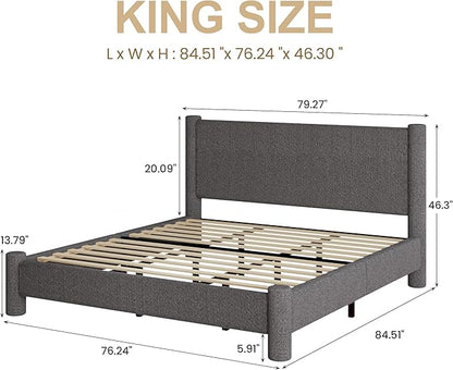 King Size Bed Frame, Boucle Upholstered Platform Bed with Headboard and Footboard, Soft Rounded Corners, No Box Spring Required, Easy Assembly, Dark Grey
