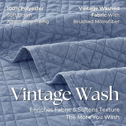 DOWN HOME Queen Quilt Set with Shams Lightweight Quilted Bedspread Coverlet Thin Comforter Bed Cover Vintage Washed Quilted Blanket for All Season, Brushed Microfiber Diamond Stitching, Blue, 88"x92"