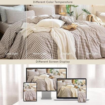 MooMee Gingham Duvet Cover Set 100% Washed Cotton Linen Like Textured Breathable Durable Soft Comfy Modern Checkered Design (Brown Gingham, Full 80"x90")