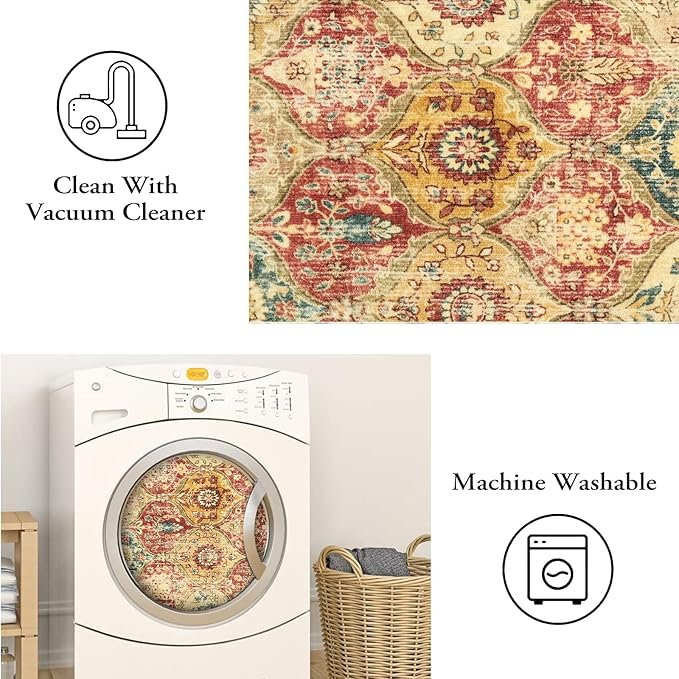 Lahome Moroccan Machine Washable Rugs for Living Room, 4x6 Rug for Bedroom Non-Slip Vintage Trellis Ultra-Thin Throw Carpet for Dining Room Office Nursery, Red/Orange