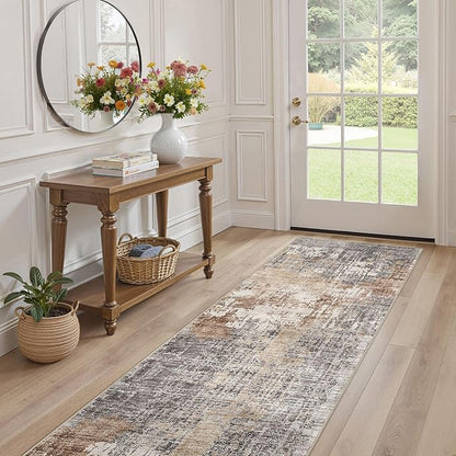 Washable Runner Rug for Hallway: 2.6x14 Neutral Modern Abstract Low Pile Area Rug with Non-Slip Backing - Carpet for Bedroom Kitchen Laundry Entryway Bathroom Indoor - Grey Brown