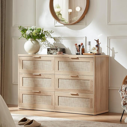 LEYAOYAO Rattan Dresser and Nightstand Set of 2, Boho Wood Dresser for Bedroom with 6 Drawers and Night Stand with 3 Drawer, Bedroom Furniture, Dressers & Chests of Drawers, Living Room, Hallway