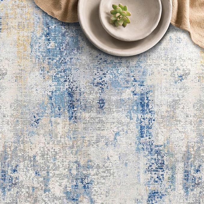 4x6 Rug, Small Area Rug for Living Room, Bedroom, Kitchen, Machine Washable Non-Slip Throw Rug, Modern Abstract Carpet for Entryway Nursery Coffee Table, Blue Ivory Yellow