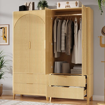70.1" Arched Wooden Armoire Wardrobe Closet with 2 Doors and 2 Drawers,Fluted Bedroom Armoire with Hanging Rod Shelf,Wardrobe Armoire Closet Cabinet for Bedroom (Natural, 19.7)