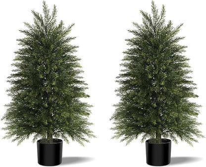3FT Artificial Cedar Trees Set of 2, Realistic Faux Evergreen Topiary Bushes Plants, Outdoor Potted Fake Cypress Shrubs for Front Porch Garden Home Living Room Decor