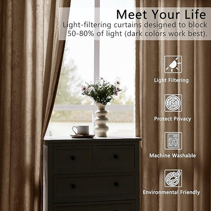 SMILETIME Amber Beige Crushed Velvet Curtains 52x84inch Rod Pocket Luxurious Thermal Insulated Soundproof Drapes Soft and Durable Light-Filtering Window Treatments for Living Room Bedroom, 2 Panels