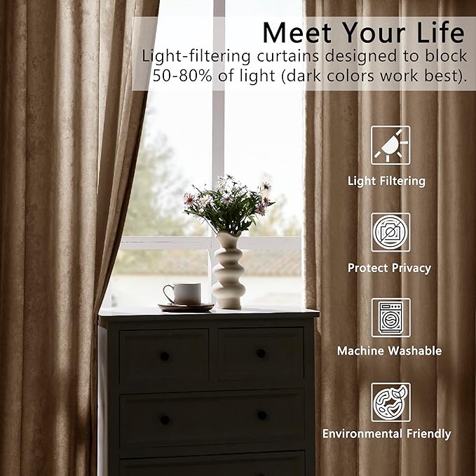 SMILETIME Amber Beige Crushed Velvet Curtains 52x96inch Rod Pocket Luxurious Thermal Insulated Soundproof Drapes Soft and Durable Light-Filtering Window Treatments for Living Room Bedroom, 2 Panels