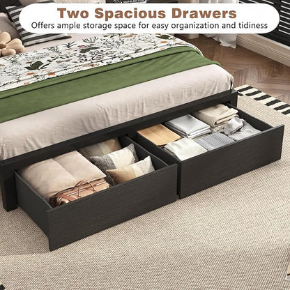 Farmhouse Queen Bed Frame with Bookcase Storage Headboard, Charging Station, LED Light and 2 Storage Drawers, Noise Free, No Box Spring Needed, Black