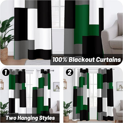 Green 100% Blackout Curtains for Bedroom 72 inch Length 2 Panels Set White Grey Modern Abstract Geometric Black Out Curtains Insulated Room Darkening Window Drapes for Living Room, 42Wx72L