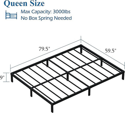 9 Inch Queen Bed Frame Heavy Duty Low Profile Metal Platform No Box Spring Needed, Maximum Storage, Easy to Assembly, Noise Free, Black