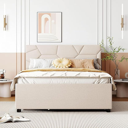 Full Size Bed Frame with Twin Size Trundle and 2 Storage Drawers,Linen Upholstered Platform Bed Frame Full with Brick Pattern Headboard,Solid Wood Slat Support,No Box Spring Needed,Beige