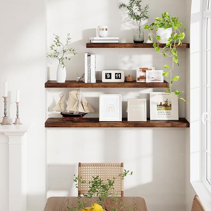 Floating Shelves for Wall, 48 x 9.3 Large Floating Shelf Wall Mounted Set of 2, Rustic Wood Shelves for Bathroom, Kitchen, Living, Heavy-Duty Storage Deep Shelf for Books, Decor, Rustic Brown