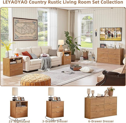 LEYAOYAO Fluted Nightstand Set of 2 with Charging Station,23" Modern Nightstand with Woodgrain Top, 2 Drawer End Table w/Storage, BedsideTables for Bedroom, Living Room, Curved Profile,Brown