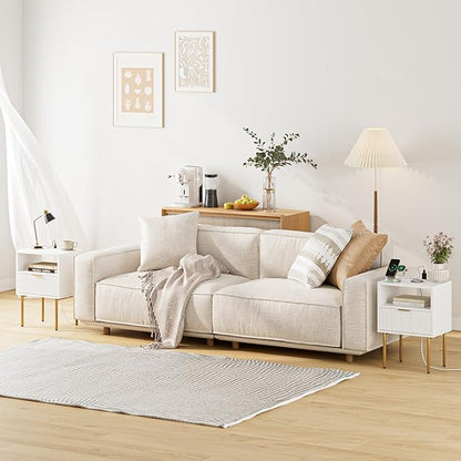 Masupu Nightstand with Charging Station,Mid-Century Modern Bedside Table with Storage Drawer and Open Wood Shelf,Small Gold Frame Side Table for Bedroom,Living Room (White)