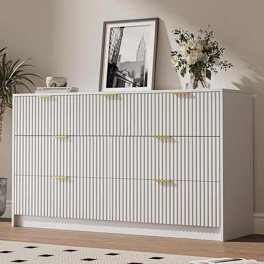 White 7 Drawer Dresser for Bedroom, 55.9" Wide Modern Fluted Dresser with Gold Metal Handles, Wide Chest of Drawers for Bedroom, Living Room, Entryway, Hallway