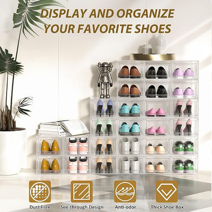 10 Pack Extra XX Large Hard Plastic Clear Stackable Shoe Storage Box Organizer for Closet, Thicken Sturdy Sneaker Shoe Rack Display Case Containers Bins with Lids and Magnetic Door, Clear