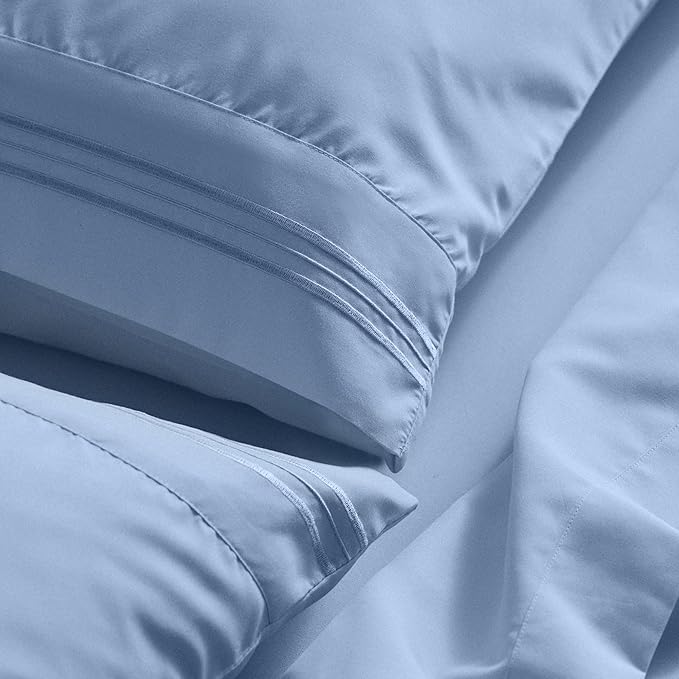 Mellanni Queen Sheet Set - 6-Piece Iconic Collection Bedding, (Including 4 Pillowcases), 21-Inch Extra Deep Pocket, Easy Care, Ultra Soft, Cooling Sheets, Brushed Microfiber - Sky Blue