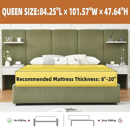 Queen Bed Frame with Storage & Built-in Nightstands, Velvet Upholstered Platform Bed Frame with Drawers & 2 Floating Storage Shelves, Noise-Free, No Box Spring Needed, Easy Assembly, Green