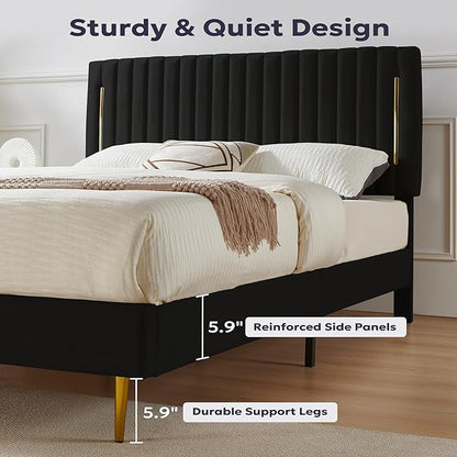 Queen Platform Bed Frame, Velvet Upholstered Bedframe with Vertical Channel Adjustable Headboard, Golden Plating Trim, Mattress Foundation with Wooden Slats, No Box Spring Needed, Black