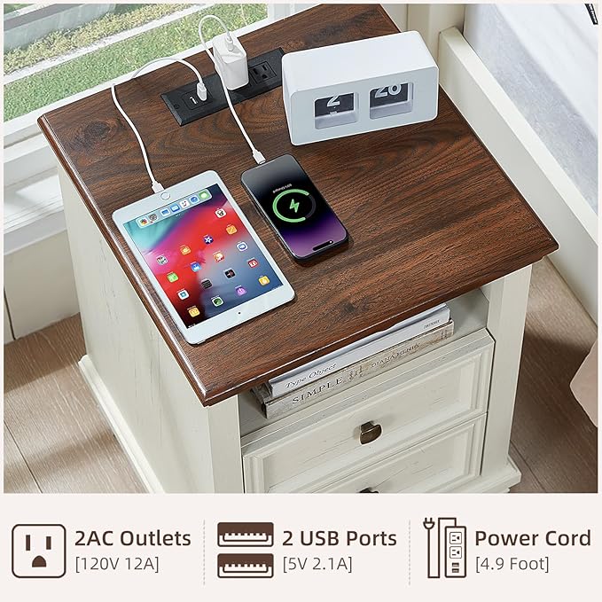 SAVOR LIFE Farmhouse Nightstand Set of 2 with Charging Station, Antique Nightstands with Drawers, Bedside Table with Open Shelf for Bedroom, White