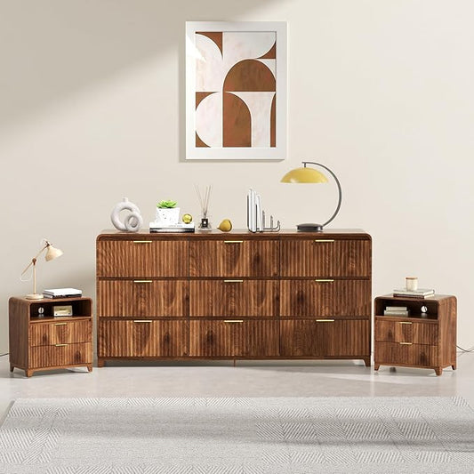 3 Pcs Bedroom Furniture Set, 9 Drawer Fluted Dresser and Nightstand Set of 2 with Charging Station, Modern Bed Side Table Chest of Drawers Storage Cabinet Set for Bedroom, Living Room, Walnut