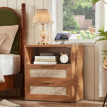 LEYAOYAO Rattan Dresser and Nightstand Sets 3 Piece, Boho Wood Dresser for Bedroom with 6 Drawers and Night Stand with Charging Station, Bedroom Furniture, Dressers & Chests of Drawers, Living Room