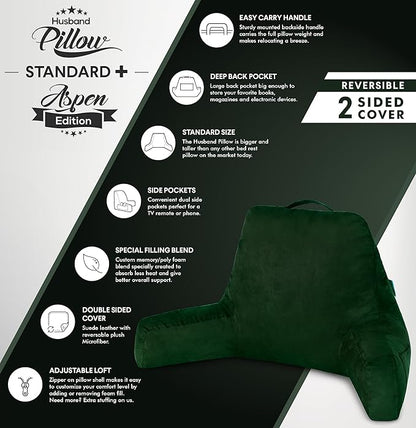 Husband Pillow Aspen Ramona Green, Reading Pillow Bed Rest Chair, Two-Sided Reversible Fabric, Large Lounge Cushion Adult Backrest with Arms, Comfy Back Support for Sit Sitting Up, Wash/Remove Cover