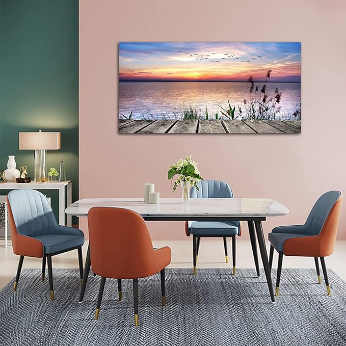 Yearainn Sunset Lake Wall Art - Nature Landscape Canvas Pictures, Wooden Dock Reed Grass Painting Print Flying Birds Artwork for Living Room, Bedroom, Home Office Wall Decoration 29" x 58"