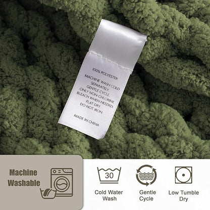 Chunky Knit Throw Blanket 50"X 60", 100% Handmade with Soft Chenille Yarn, 4.4lbs Thick Cable Knitted Blankets, Large Rope Knot Crochet Throws for Couch Sofa Bed Home Decor, Olive Green