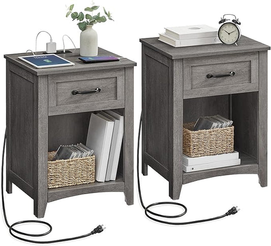 VASAGLE LIRY Collection - Farmhouse Nightstands with Charging Station, Set of 2 Bedside Tables, Side Tables with Drawer, Open Compartment, for Bedroom, Misty Gray ULET859G01