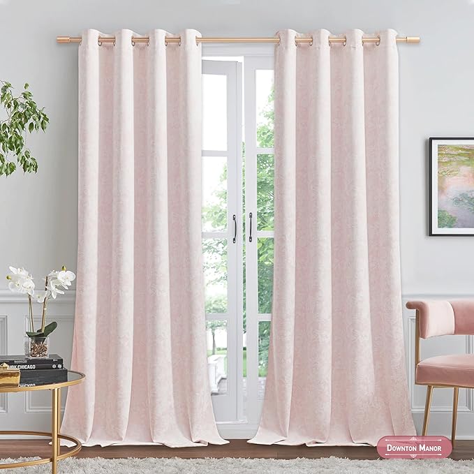 Beauoop Pink Floral Jacquard Blackout Curtains 72 Inches Long 2 Panels for Bedroom Living Room Chenille Flower Room Darkening Thermal Insulated Soundproof Grommet Window Treatments Drapes, 52x72