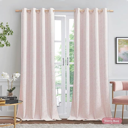 Beauoop Pink Floral Jacquard Blackout Curtains 63 Inches Long 2 Panels for Bedroom Living Room Chenille Flower Room Darkening Thermal Insulated Soundproof Grommet Window Treatments Drapes, 52x63