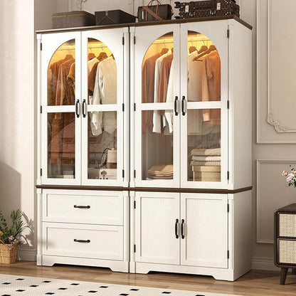 Tall Farmhouse 4 Doors Armoire Wardrobe Closet with LED ,72" Freestanding Arched Wardrobe Closet Cabinet for Bedroom w Glass Doors/Drawers,Wooden Clothing Storage Cabinet,Closets for Bedroom(Off Whit)
