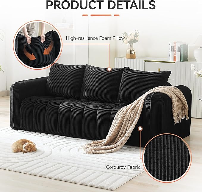 83'' Boneless Corduroy Sofa, Oversized 3 Seater Deep Seat Couch with Rounded Armrest, Modern Upholstered Cloud Sofa for Living Room, No Assembly, Black