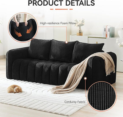 83'' Boneless Corduroy Sofa, Oversized 3 Seater Deep Seat Couch with Rounded Armrest, Modern Upholstered Cloud Sofa for Living Room, No Assembly, Black