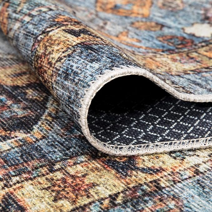 Bloom Rugs Washable Non-Slip 4' x 6' Rug - Blue/Orange Traditional Bordered Area Rug for Living Room, Bedroom, Dining Room, and Kitchen - Exact Size: 4' x 6'